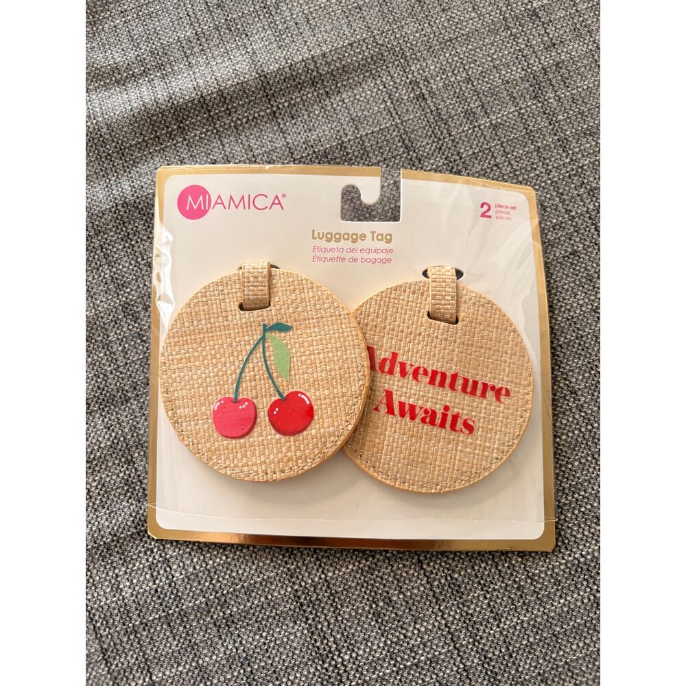 NWT Miamica Round Luggage Tag Set Cherry Print Adventure Awaits Beige Textured